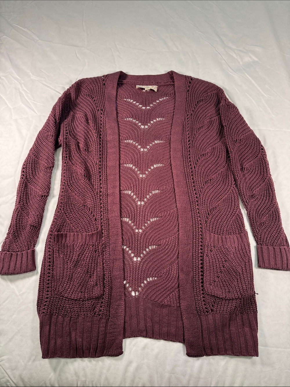 Pink Republic Plum Open-Front Cable & Lace Knit Cardigan